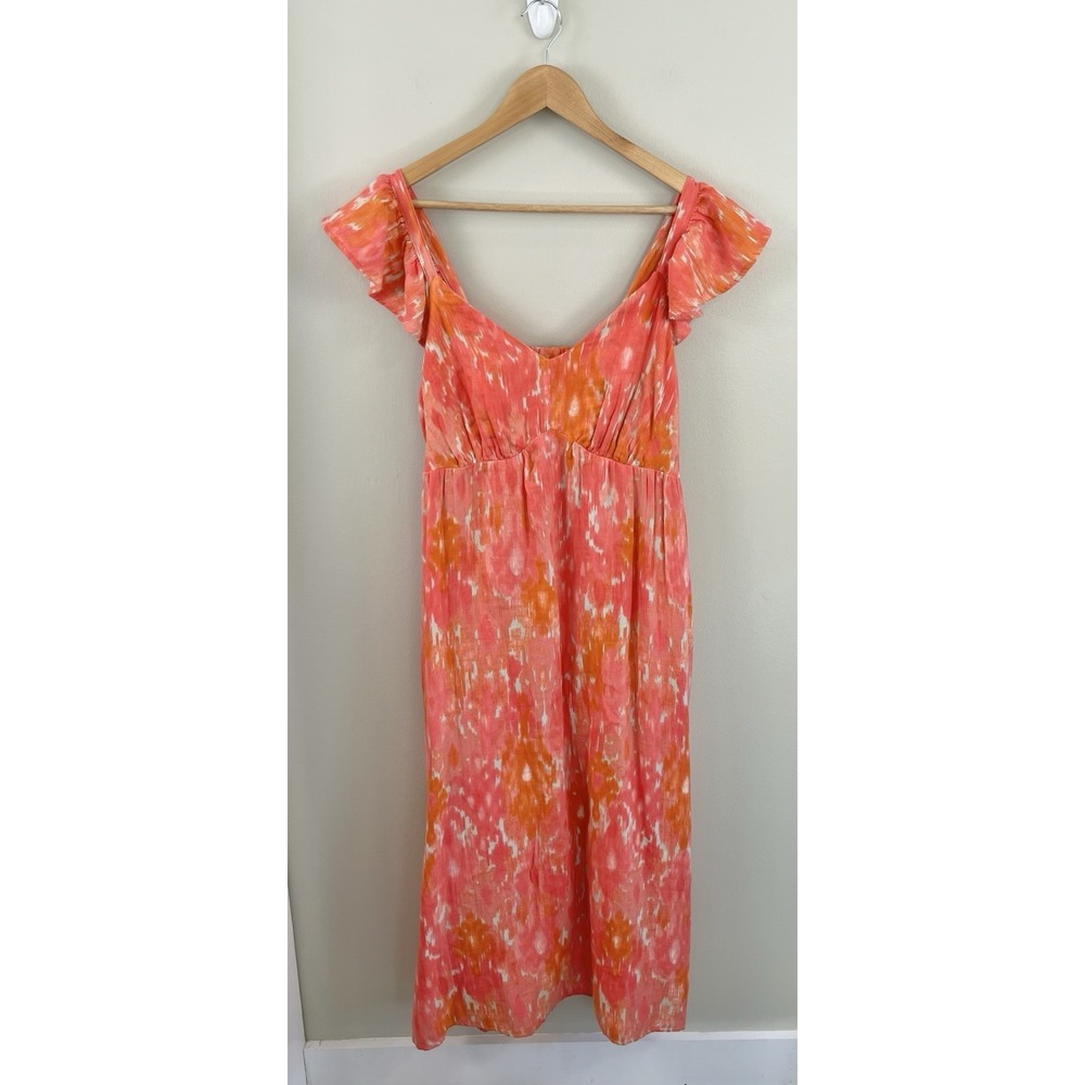 Tiered Midi Dress 100% Cotton Coral Pink Flutter Sleeve Sz M (8-10) V Neck‎